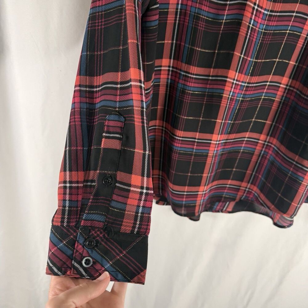 Torrid Blouse Women's 2 2X Red Black Plaid Vneck Long Sleeve Semi Sheer - Picture 5 of 10